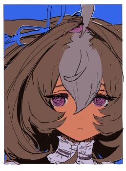 1girl :&lt; animal_ears blue_background border brown_hair dnanan_5050 double-parted_bangs hair_between_eyes hair_ribbon hairband highres horse_ears horse_girl looking_at_viewer meisho_doto_(turbulent_blue)_(umamusume) meisho_doto_(umamusume) multicolored_hair portrait purple_eyes ribbon short_hair sketch solo streaked_hair umamusume white_border