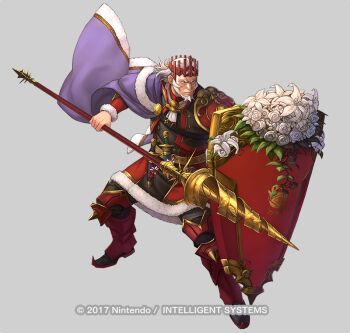 Rule 34 | 1boy, armor, armored boots, beard, belt, boots, cape, copyright notice, crown, dagger, facial hair, fire emblem, fire emblem echoes: shadows of valentia, fire emblem heroes, flower, full body, fur trim, grey background, knife, lance, leaf, long hair, male focus, miyamoto satoru, nintendo, official art, polearm, rose, rudolf (fire emblem), rudolf (valentine) (fire emblem), shield, solo, weapon, white hair