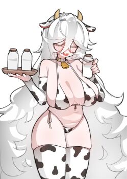 1girl :d ahoge animal_print belt belt_collar bikini blush bottle breasts bursting_breasts cleavage closed_eyes collar colored_eyelashes cow_girl cow_horns cow_print cow_print_bikini cow_print_sleeves cow_print_thighhighs detached_sleeves double-parted_bangs drink_carton fluffy_hair full_body gigantic_breasts hair_between_eyes hair_intakes highleg highleg_bikini highres holding holding_milk_carton holding_tray horns huge_breasts kim_aendeo long_hair loosely_tucked_bangs micro_bikini milk_bottle milk_carton navel open_mouth original print_bikini print_thighhighs sagging_breasts side-tie_bikini_bottom sideboob sidelocks skindentation smile solo standing stomach sweat swimsuit teeth thick_thighs thighhighs thighs tray unkempt upper_teeth_only very_long_hair white_background white_belt white_hair