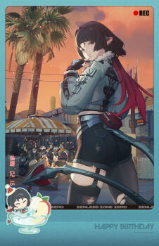 Rule 34 | 1girl, 4boys, absurdres, animal ears, asymmetrical legwear, black garter straps, black gloves, black hair, black pantyhose, black thighhighs, breasts, chibi, chinese commentary, commentary request, fingerless gloves, garter straps, gloves, green eyes, happy birthday, highres, hollow thug raider (zenless zone zero), jacket, jane doe (zenless zone zero), long hair, looking at viewer, mouse ears, mouse girl, mouse tail, multicolored hair, multiple boys, official art, outdoors, palm tree, pantyhose, recording, red hair, shorts, smile, tail, thighhighs, torn clothes, torn pantyhose, torn thighhighs, tree, uneven legwear, zenless zone zero