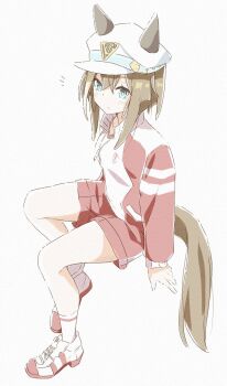 1girl animal_ears blue_eyes breasts brown_hair cheval_grand_(umamusume) ear_covers ears_through_headwear hair_between_eyes hakugitsu hat hat_belt highres horse_ears horse_girl horse_tail jacket long_hair looking_at_viewer multicolored_hair peaked_cap red_jacket red_shorts shoes shorts simple_background socks solo streaked_hair tail tracen_training_uniform track_jacket umamusume white_background white_hair white_hat white_socks