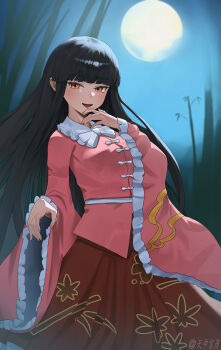 Rule 34 | 1girl, absurdres, bamboo print, black hair, bow, bowtie, chinese commentary, commentary request, frilled sleeves, frills, full moon, highres, houraisan kaguya, long hair, long sleeves, looking at viewer, moon, night, ofuda, ofuda on clothes, open mouth, orange eyes, pink shirt, shirt, smile, solo, tian zhong gong yan, touhou, very long hair, white bow, white bowtie, wide sleeves