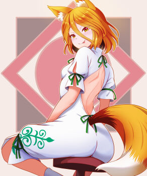 1girl :p animal_ear_fluff animal_ears ass back_cutout blonde_hair blush closed_mouth clothing_cutout commentary_request fox_ears fox_girl fox_mask fox_tail highres kisaragi_koushi kudamaki_tsukasa looking_at_viewer mask neck_ribbon on_stool ribbon romper short_sleeves sitting sleeve_ribbon smile socks solo stool tail tongue tongue_out touhou white_romper white_socks yellow_eyes