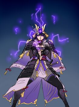 1girl absurdres adapted_costume alternate_costume armor artist_name boots cape cleavage_cutout clothing_cutout commentary dated electricity electrokinesis english_commentary feet_out_of_frame flower gauntlets genshin_impact glowing glowing_eyes gradient_background haidate helmet highres holding holding_sword holding_weapon japanese_armor japanese_clothes just_tenth kabuto_(helmet) kimono kote mitsudomoe_(shape) musou_isshin_(genshin_impact) obi obiage obijime pauldrons purple_eyes purple_flower purple_hair purple_kimono raiden_shogun sash shoulder_armor sode solo standing suneate sword thigh_boots tomoe_(symbol) vambraces weapon