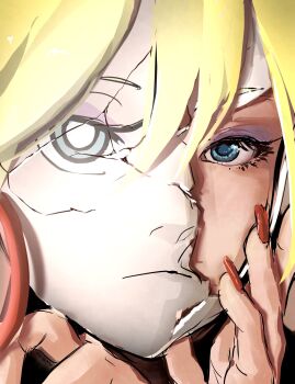 1girl blonde_hair blue_eyes close-up cracked_kawaii_mask double-parted_bangs eyelashes fingernails highres llenomu long_fingernails panty_&amp;_stocking_with_garterbelt panty_(psg) red_nails solo