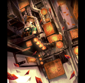 1girl air_conditioner animal_ears arm_on_knee billboard brown_hair cat_ears goggles goggles_on_head green_eyes lantern looking_at_viewer na_(sodium) original outdoors patchwork_clothes pipeline short_hair sitting solo