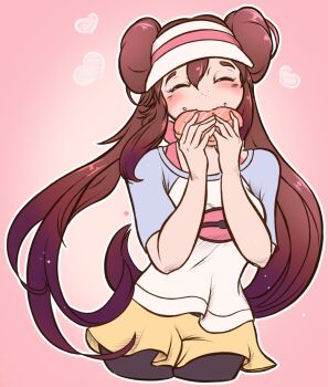 Rule 34 | 1girl, blush, closed eyes, cropped legs, double bun, eating, hair bun, heart, highres, nintendo, outline, pantyhose, pantyhose under shorts, pathological lurker, pink background, pokemon, pokemon (creature), pokemon bw2, raglan sleeves, rosa (pokemon), shorts, solo, visor cap, white outline