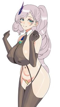 1girl absurdres alternate_costume azur_lane black_gloves braid breasts chen_hai_(azur_lane) chen_hai_(azur_lane)_(cosplay) chen_hai_(retrofit)_(azur_lane) closed_mouth cosplay covered_erect_nipples crotch_plate elbow_gloves gloves green_eyes hands_up high_ponytail highres hololive hololive_indonesia huge_breasts io_troublemaker long_hair looking_at_viewer navel pavolia_reine ponytail simple_background smile solo stomach virtual_youtuber white_background white_hair