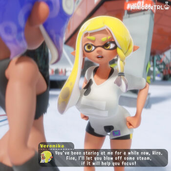 1boy 1girl 3d agent_3_(splatoon_3) antisplat artist_name asymmetrical_hair bike_shorts blonde_hair blue_hair braid commentary dark-skinned_male dark_skin english_commentary english_text eyebrow_cut hirooooo_(splatoon) inkling long_hair nintendo octoling open_mouth pointy_ears shirt short_sleeves shorts side_braid single_braid smile splatoon_(series) splatoon_3 tentacle_hair torn_clothes veronika_(splatoon) white_shirt yellow_eyes