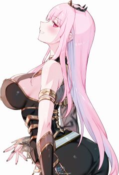 1girl absurdres armlet black_dress blunt_bangs bracer breasts dress from_side grin highres hololive hololive_english jewelry kamiya_maneki large_breasts long_dress long_hair looking_at_viewer mori_calliope mori_calliope_(1st_costume) pink_eyes pink_hair sideboob sidelocks simple_background sleeveless sleeveless_dress smile solo straight_hair tiara virtual_youtuber white_background