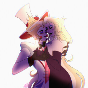 Rule 34 | 1boy, 1girl, blonde hair, blush stickers, commentary, couple, demon boy, demon girl, english commentary, hair slicked back, hazbin hotel, hellaverse, hetero, highres, husband and wife, kazimir29, lilith (hazbin hotel), lucifer morningstar (hazbin hotel)
