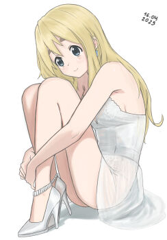 1girl alternate_costume andreypavlow anklet ass blonde_hair blue_eyes breasts commentary dated double-parted_bangs dress earrings from_side full_body hair_between_eyes high_heels highres hugging_own_legs jewelry k-on! knees_up kotobuki_tsumugi long_hair looking_at_viewer medium_breasts see-through_clothes see-through_dress shadow shoes sidelocks sitting smile solo thick_eyebrows white_dress white_shoes