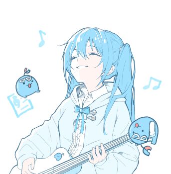 1girl absurdres arahashi_tabi blue_bow blue_bowtie blue_hair bow bowtie center_frills chikoyzh closed_eyes coat collared_shirt commentary creature frilled_shirt frills grin guitar happy highres holding holding_guitar holding_instrument instrument long_sleeves music musical_note playing_guitar playing_instrument pungdangi_(arahashi_tabi) shirt simple_background smile solo stellive symbol-only_commentary twintails upper_body virtual_youtuber white_background white_coat white_shirt wing_collar