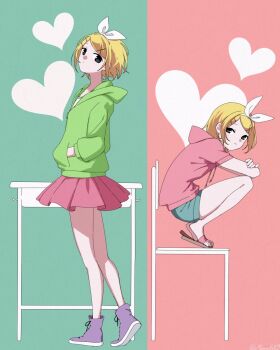 Rule 34 | 2girls, black eyes, blonde hair, bow hairband, chair, commentary request, crossed arms, desk, drawstring, dual persona, full body, green background, hair ornament, hairband, hairclip, hands in pockets, head tilt, heart, highres, hood, hood down, hoodie, kagamine rin, long sleeves, looking at viewer, looking to the side, melancholic (vocaloid), multiple girls, munna67l9, pink background, sandals, shoes, short hair, short sleeves, shorts, skirt, sneakers, split theme, squatting, twinkle (vocaloid), vocaloid, walking, x hair ornament