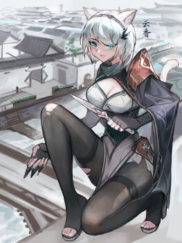 1girl absurdres animal_ear_fluff animal_ears architecture black_cape black_gloves black_pantyhose breasts cape cat_ears cat_girl cat_tail chinese_clothes cleavage commentary_request dagger east_asian_architecture elbow_gloves full_body gloves green_eyes highres holding holding_dagger holding_knife holding_weapon kneeling knife large_breasts on_roof original pantyhose pelvic_curtain slit_pupils tail thighband_pantyhose toeless_legwear torn_clothes torn_pantyhose weapon white_hair youlan
