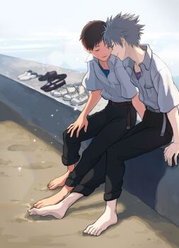 2boys barefoot belt black_pants blue_shirt brown_belt closed_eyes closed_mouth collared_shirt commentary_request ikari_shinji kannunu male_focus multiple_boys nagisa_kaworu neon_genesis_evangelion oversized_belt pants pants_rolled_up pocket purple_shirt shirt shirt_tucked_in shoes sitting unworn_shoes white_belt white_shirt yaoi
