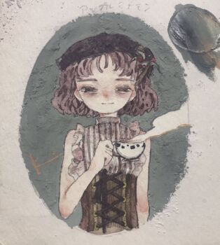 Rule 34 | 1girl, acrylic paint (medium), apron, beret, blush, brown eyes, brown hair, closed mouth, coffee, commentary request, cup, curly hair, expressionless, hat, highres, holding, holding cup, karintoun, looking at viewer, medium hair, original, painting (medium), parted bangs, portrait, shirt, short hair, signature, simple background, sleeveless, solo, straight-on, striped clothes, striped shirt, traditional media, watercolor (medium)