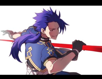 Rule 34 | 0nodera, 1boy, blue hair, commentary request, cu chulainn (fate), cu chulainn (fate/prototype), earrings, fate/grand order, fate (series), gae bolg (fate), grin, jewelry, letterboxed, long hair, looking ahead, male focus, polearm, ponytail, red eyes, simple background, smile, solo, spear, weapon, white background