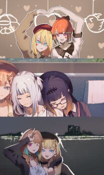 4girls :3 :d arm_on_another&#039;s_shoulder arm_up beret black_hat black_jacket blonde_hair blue_eyes blunt_bangs blurry blurry_background bright_pupils bubba_(watson_amelia) closed_eyes commentary english_commentary gawr_gura gawr_gura_(casual) gradient_hair hair_ornament hand_up hat highres hololive hololive_english jacket kotori_(takanashi_kiara) long_sleeves looking_at_viewer multicolored_hair multiple_girls ninomae_ina&#039;nis ninomae_ina&#039;nis_(casual) o22no one_eye_closed open_clothes open_jacket open_mouth orange_hair outdoors purple_eyes purple_hair red_hat shark_hair_ornament sitting sleeping smile takanashi_kiara tentacle_hair tongue tongue_out two_side_up upper_body v virtual_youtuber watson_amelia white_pupils