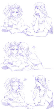 +++ 2girls ^_^ absurdres alternate_form arm_rest bare_shoulders blush book bracelet circlet closed_eyes diadem dress elbow_pads elbow_rest final_fantasy final_fantasy_xiv hand_on_own_cheek hand_on_own_face highres jewelry kiss kissing_cheek laughing lineart llymlaen long_hair looking_at_another menphina monochrome multiple_girls open_book reading scarf sequential short_hair short_twintails simple_background sleeveless sleeveless_dress smile squiggle surprise_kiss surprised sweatdrop twintails upper_body white_background wo_dou_gao_shi'er_shennu yuri