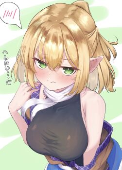 1girl armpit_crease blonde_hair blush breasts brown_shirt closed_mouth commentary_request green_eyes hair_between_eyes half_updo hand_on_own_shoulder hand_up highres large_breasts looking_at_viewer mizuhashi_parsee off_shoulder pico_kimuchi pointy_ears scarf shirt shirt_partially_removed short_hair single_bare_shoulder single_off_shoulder solo speech_bubble spoken_blush touhou translation_request undershirt upper_body white_scarf