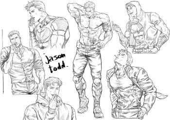 bat_signal batman_(series) batman_symbol belt black_bodysuit black_gloves black_hair black_jindo bodysuit brown_jacket dc_comics gloves grey_bodysuit highres jacket jason_todd male_focus monochrome multicolored_bodysuit multiple_views muscular muscular_male open_clothes pants red_hood_(dc) red_hood_and_the_outlaws short_hair superhero_costume taut_bodysuit two-tone_bodysuit utility_belt western_comics_(style)