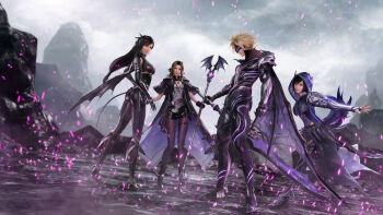 1boy 3d 3girls aerith_gainsborough aerith_gainsborough_(bahamut_robe) armor assault_visor asymmetrical_bangs black_bodysuit black_cloak black_hair black_skirt blindfold_mask blonde_hair bodysuit brown_hair claws cloak cloud_strife cloud_strife_(bahamut_garb) day detached_sleeves dragon_tail dutch_angle facial_mark final_fantasy final_fantasy_vii final_fantasy_vii:_ever_crisis full_body grey_sky holding holding_staff holding_sword holding_weapon hood hood_up light_particles long_hair looking_back low-tied_long_hair mage_staff mask multiple_girls official_alternate_costume official_art outdoors outstretched_arm overcast parted_bangs pauldrons promotional_art rock short_hair shoulder_armor sidelocks skirt sky smile spiked_hair staff standing sword tail thigh_strap third-party_source tifa_lockhart tifa_lockhart_(bahamut_suit) tight_clothes wavy_hair weapon yuffie_kisaragi yuffie_kisaragi_(bahamut_mantle)