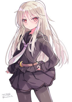 1girl absurdres belt black_serafuku blush brown_eyes commentary_request cowboy_shot crescent crescent_hair_ornament crescent_pin hair_between_eyes hair_ornament highres hizaka kantai_collection kikuzuki_(kancolle) long_hair long_sleeves looking_at_viewer neckerchief pantyhose pleated_skirt school_uniform serafuku skirt solo twitter_username white_hair