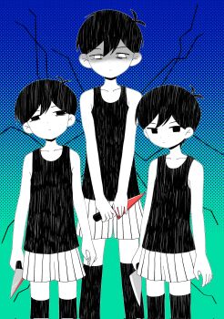 Rule 34 | 3boys, antenna hair, black eyes, black hair, black tank top, clone, closed mouth, colored skin, corrupted twitter file, double-parted bangs, hair between eyes, highres, holding, holding knife, knife, looking at viewer, male focus, multiple boys, nana (papapaimon), omori, omori (omori), short hair, shorts, striped clothes, striped shorts, tank top, vertical-striped clothes, vertical-striped shorts, white eyes, white shorts, white skin