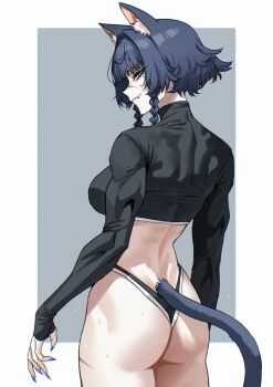 1girl animal_ear_fluff animal_ears ass black_hair black_panties black_shirt blue_nails braid braided_sidelocks breasts cat_ears cat_girl cat_tail crop_top fang fingernails from_behind hair_intakes highres long_hair long_sleeves mole mole_under_eye muscular muscular_female nail_polish original panties scar scar_on_face sharp_fingernails shirt sidelocks simple_background single_braided_sidelock skin_fang tail thong thong_panties tight_clothes tight_shirt tresmarrow turtleneck twin_braids underwear yellow_eyes