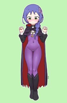 1girl artist_request black_cape blush bodysuit boots braid cape clenched_hands covered_navel flat_chest flower full_body green_background green_eyes hair_flower hair_ornament hair_over_shoulder hands_up jewelry knee_boots loli long_hair long_sleeves looking_down meili_portroute outline purple_hair re:zero_kara_hajimeru_isekai_seikatsu side_braid simple_background single_braid skin_tight solo standing thigh_gap white_outline