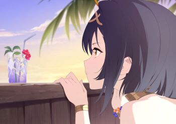 1girl amber_(stella_sora) bare_shoulders black_hair cup drinking_glass game_cg gradient_sky hiding highres ice ice_cube non-web_source official_art outdoors palm_tree pout profile purple_sky sky solo stella_sora tree yellow_eyes yellow_sky