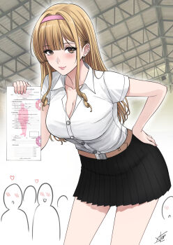 Rule 34 | blonde hair, breasts, buttons, check commentary, cleavage, commentary, commentary request, cowboy shot, earrings, futa without pussy, futanari, hair behind ear, hairband, hand on own hip, headband, highres, holding, jewelry, lipstick, long eyelashes, makeup, nut-chan (xter), original, pink hairband, pink lips, pleated skirt, skirt, thai text, thighs, translation request, xter