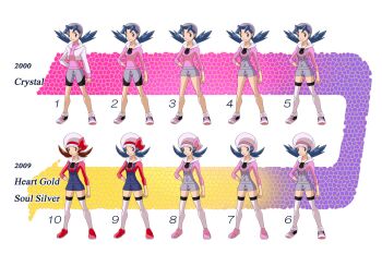 00s 1990s_(style) 2009 2girls bike_shorts blue_hair brown_hair newsboy_cap comparison evolution hat hat_ribbon kris_(pokemon) lyra_(pokemon) multiple_girls nintendo otsukare overalls pokemon pokemon_gsc pokemon_hgss red_ribbon retro_artstyle ribbon shoes short_twintails sneakers thighhighs twintails zettai_ryouiki