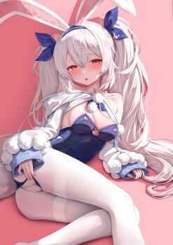 1girl absurdres animal_ears azur_lane breasts commentary_request commission fake_animal_ears highres laffey_(azur_lane) laffey_ii_(azur_lane) laffey_ii_(sleepy_on_a_busy_day)_(azur_lane) leotard long_hair official_alternate_costume pantyhose playboy_bunny rabbit_ears ramuneru red_eyes solo twintails variant_set white_hair white_pantyhose