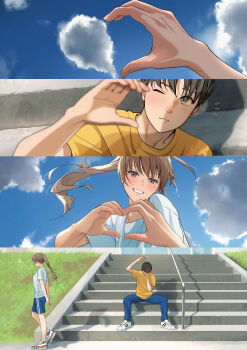 1boy 1girl 4koma absurdres black_hair blue_pants blue_sky brown_eyes brown_hair cloud comic covering_face day embarrassed heart heart_hands heart_hands_duo hetero highres macaronk notice_lines original outdoors pants ponytail shirt shoes silent_comic sitting sky smile sneakers stairs standing walking white_shirt yellow_shirt