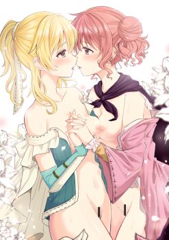 2girls bar_stool blonde_hair breasts commentary_request dress eye_contact female_pubic_hair flower hair_bun hidamari_sketch highres hiro_(hidamari_sketch) holding_hands interlocked_fingers lily_(flower) looking_at_another medium_breasts miyako_(hidamari_sketch) momorika multiple_girls nipples open_mouth partially_undressed pink_dress pink_eyes pink_hair ponytail pubic_hair stool sweat tongue tongue_out white_flower yellow_eyes yuri