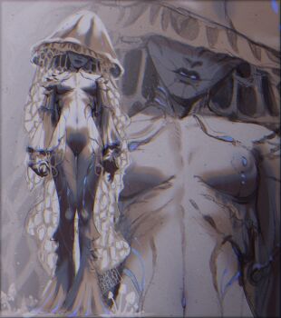 1girl blackberreh-art blue_nipples body_markings breasts collarbone colored_nipples completely_nude covered_eyes full_body gills highres lips monster_girl navel nipples nude original parted_lips pussy small_breasts