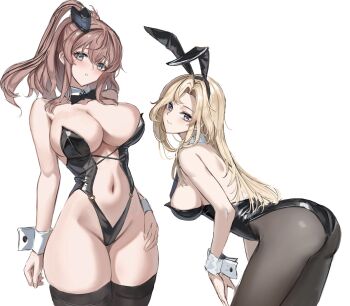 2girls absurdres alternate_costume animal_ear_hairband animal_ears ass bare_shoulders black_leotard black_pantyhose black_thighhighs blonde_hair blue_eyes blush breasts brown_hair cleavage commentary cowboy_shot detached_collar dimos_(dawn_1945) fake_animal_ears grey_eyes hair_between_eyes hairband high_side_ponytail highleg highleg_leotard highres hornet_(kancolle) kantai_collection large_breasts leotard long_hair looking_at_viewer multiple_girls navel pantyhose playboy_bunny ponytail rabbit_ear_hairband rabbit_ears saratoga_(kancolle) saratoga_mk_ii_(kancolle) simple_background smile smokestack smokestack_hair_ornament strapless strapless_leotard thighhighs white_background white_wrist_cuffs wrist_cuffs