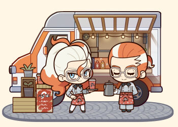 1boy 1girl :&gt; apron arm_behind_back black_bow black_bowtie blue_eyes bow bowtie chibi chibi_only closed_eyes colored_tips cup disposable_coffee_cup disposable_cup food_truck glasses griselle_(pokemon) grisham_(pokemon) hair_pulled_back hand_on_own_hip highres holding holding_coffee_pot holding_tray looking_at_viewer lower_eyelashes_only multicolored_hair nintendo orange_apron orange_hair plant pokemon pokemon_legends:_z-a ponytail sach56000 short_ponytail smile tray two-tone_hair waist_apron wavy_hair white-framed_eyewear white_hair