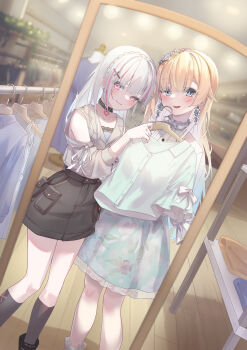 2girls absurdres aizawa_ema aizawa_ema_(3rd_costume) alternate_costume asumi_sena bare_shoulders black_skirt blonde_hair blue_dress blue_eyes blue_hair cattleya_regina_games clothes_hanger clothes_in_front clothes_shop clothing_cutout dress dutch_angle earrings flower_earrings gradient_hair hair_flaps highres holding holding_clothes_hanger jacket jewelry kurumi_tsuchi lace lace-trimmed_shirt lace_trim long_hair long_sleeves looking_at_viewer miniskirt mirror multicolored_hair multiple_girls pink_eyes pink_hair reflection shirt shoulder_cutout skirt smile streaked_hair trying_on_clothes very_long_hair virtual_youtuber vspo! white_hair white_jacket white_shirt