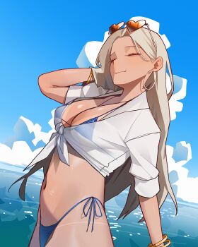 1girl bikini blonde_hair blue_bikini blue_sky blush bracelet breasts centi_(nikke) centi_(ocean_repair)_(nikke) closed_eyes closed_mouth cloud earrings eyewear_on_head goddess_of_victory:_nikke heart heart-shaped_eyewear high-waist_bikini highres holypotato0 hoop_earrings jewelry large_breasts long_hair navel ocean official_alternate_costume orange-tinted_eyewear outdoors see-through_clothes shirt sky smile sunglasses swimsuit tan tanline thong thong_bikini tied_shirt tinted_eyewear water white_shirt