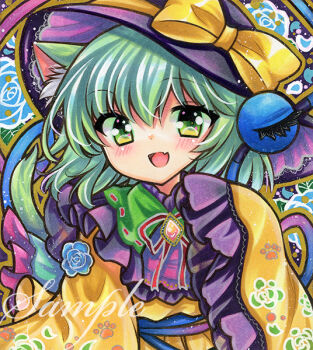 1girl animal_ear_fluff animal_ears cat_ears cat_girl cat_tail commentary_request green_eyes green_hair kemonomimi_mode komeiji_koishi long_sleeves looking_at_viewer marker_(medium) open_mouth rui_(sugar3) sample_watermark shikishi shirt sleeves_past_fingers sleeves_past_wrists smile solo tail touhou traditional_media upper_body watermark wide_sleeves yellow_shirt