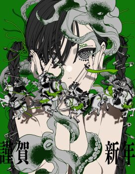 2026 armor black_hair closed_mouth commentary expressionless green_background hands_on_own_face happy_new_year highres horseback_riding japanese_armor long_hair looking_at_viewer mochizuki_kei new_year octopus original paperclip riding samurai solo tentacles twintails