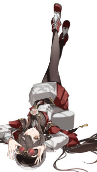 1girl absurdres arms_up black_pantyhose brown_hair chinese_clothes chinese_commentary commentary_request crossed_legs eyewear_on_head flower-shaped_pupils full_body genshin_impact hair_between_eyes hair_spread_out hat highres hu_tao_(cherries_snow-laden)_(genshin_impact) hu_tao_(genshin_impact) legs_up long_hair long_sleeves lying on_back pantyhose photo-referenced red-tinted_eyewear red_eyes round_eyewear shoes simple_background smile solo sunglasses symbol-shaped_pupils tinted_eyewear twintails upside-down white_background white_hat yiyiyiyi670