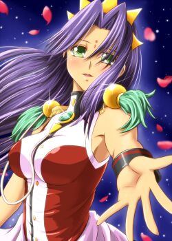 bindi blue_background diesel-turbo epaulettes eyes_visible_through_hair glint green_eyes himemiya_anthy long_hair looking_at_viewer open_mouth petals purple_hair reaching reaching_towards_viewer shoujo_kakumei_utena shoujo_kakumei_utena_adolescence_mokushiroku sleeveless solo wristband