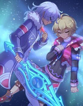 2boys alvis_(xenoblade) blonde_hair enni fur_trim grey_hair holding holding_sword holding_weapon long_sleeves monado multiple_boys shulk_(xenoblade) sky space star_(sky) starry_sky sword weapon xenoblade_chronicles_(series) xenoblade_chronicles_1