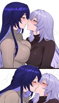 2girls absurdres acheron_(honkai:_star_rail) alternate_costume arnkun black_swan_(honkai:_star_rail) breasts couple french_kiss hair_spread_out highres honkai:_star_rail honkai_(series) kiss large_breasts long_hair looking_at_another multiple_girls parted_lips purple_eyes purple_hair ribbed_sweater simple_background smile sweater turtleneck turtleneck_sweater very_long_hair white_background yuri