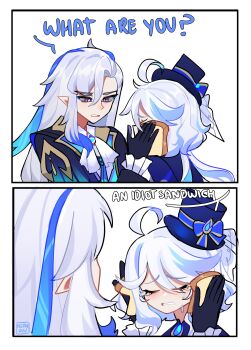 absurdres black_eyes blue_hair blue_hat bread crying dress food formal_clothes furina_(genshin_impact) genshin_impact hat highres idiot_sandwich_(meme) meme mizah_(mizah) neuvillette_(genshin_impact) pointy_ears suit white_hair