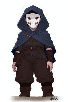 1boy arm_at_side artist_name assassin baggy_pants bandages belt boots brooch brown_boots brown_hair brown_pants buckle cape cloak covered_face full_body gnome highres hood hood_up jewelry kevio_nivek leather leather_bag leather_boots long_sleeves looking_at_viewer male_focus mask masked non-web_source original pants pointy_ears red_eyes rogue self-upload short_hair signature simple_background sleeves_rolled_up solo standing tabletop_rpg tunic white_background